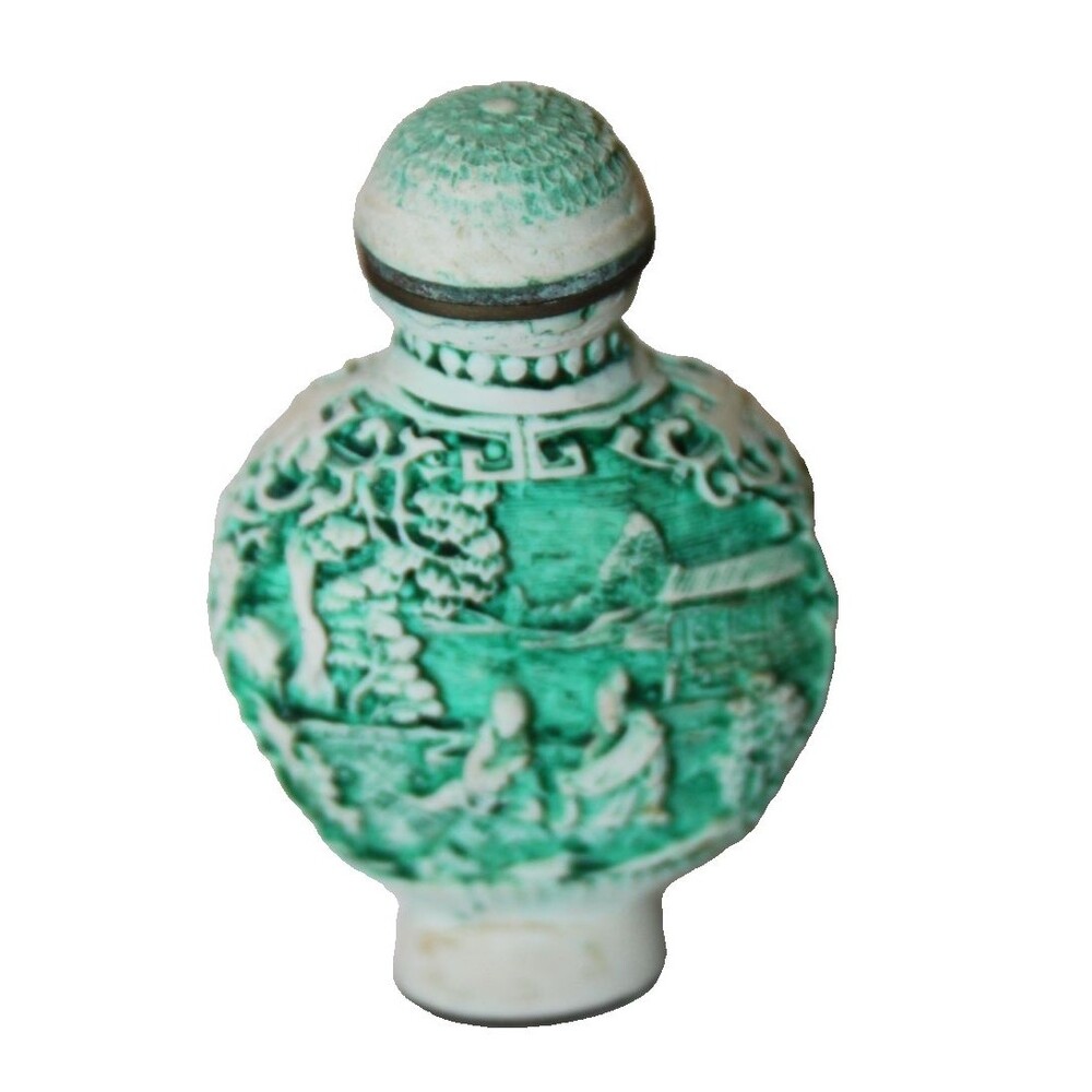 Vintage Chinese Green Beige Carved Cinnabar Perfume Snuff Bottle Signed Marked